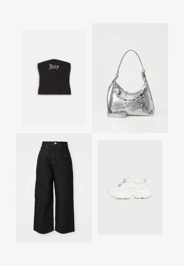 Must hakkidega crop top musta värvi, millel on sile tekstuur ja kaarjas kaelus, kaunistatud rhinestone-tähega sõnaga "Juicy" ees.; Laiad mustad teksad kõrge vöökoha ja esistaskutega, millel on õmmeldud õmblused ja klassikaline nupukinnitus. Pehme, tekstureeritud kangas.; Valge massiivse tallaga vabaajajalats, millel on paeladel dekoratiivne hõbedane täht ja helmed, näidatud küljelt tavalise taustaga.; Hõbedane sädelev õlakott, millel on kaarjas kuju, sile nahk rihm ja lukuga sulgur. Peegeldav tekstuur suurendab visuaalset atraktiivsust.