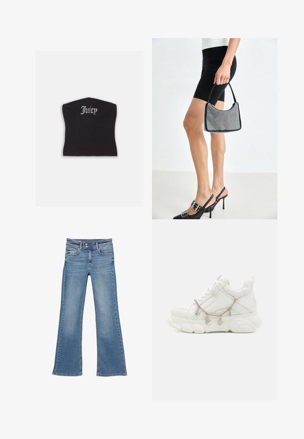 Top court noir ajusté avec une texture lisse et un décolleté arrondi, orné de lettres en strass épelant "Juicy" à l'avant.; Jean bootcut en denim bleu avec fermeture à double bouton et poches avant, montrant un léger délavage aux cuisses et aux genoux.; Baskets blanches avec une semelle épaisse, tige en cuir texturé et chaîne en métal décorative avec des breloques. Dispose d'un système de laçage et d'un col rembourré.; Sac à main à perles noires avec une silhouette courbée, une poignée de transport et une texture brillante. Porté avec des chaussures à talons hauts noires et un short noir ajusté.