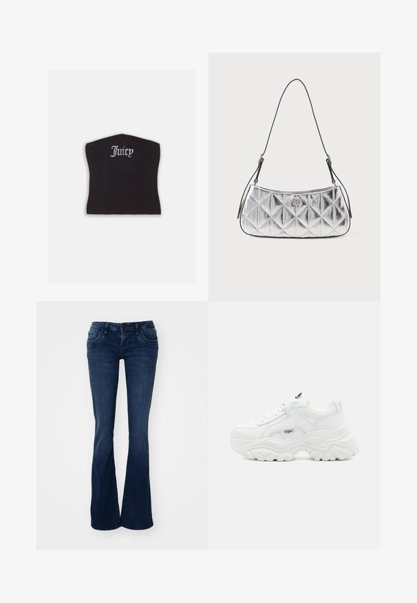 Zwarte fitted crop top met een gladde textuur en een ronde halslijn, versierd met strasstenen letters die "Juicy" op de voorkant spellen.; Donkerblauwe uitlopende jeans van denim, met voorzakken, een knoopsluiting en een zachte textuur.; Witte chunky sneakers met een soepel leren bovenwerk, ronde neus en een dikke, gestructureerde zool met een zichtbaar merklogo aan de zijkant.; Metalen zilveren schoudertas met een gequilt ontwerp, gladde textuur en een zwarte verstelbare schouderriem. Heeft een klein logo detail aan de voorkant.