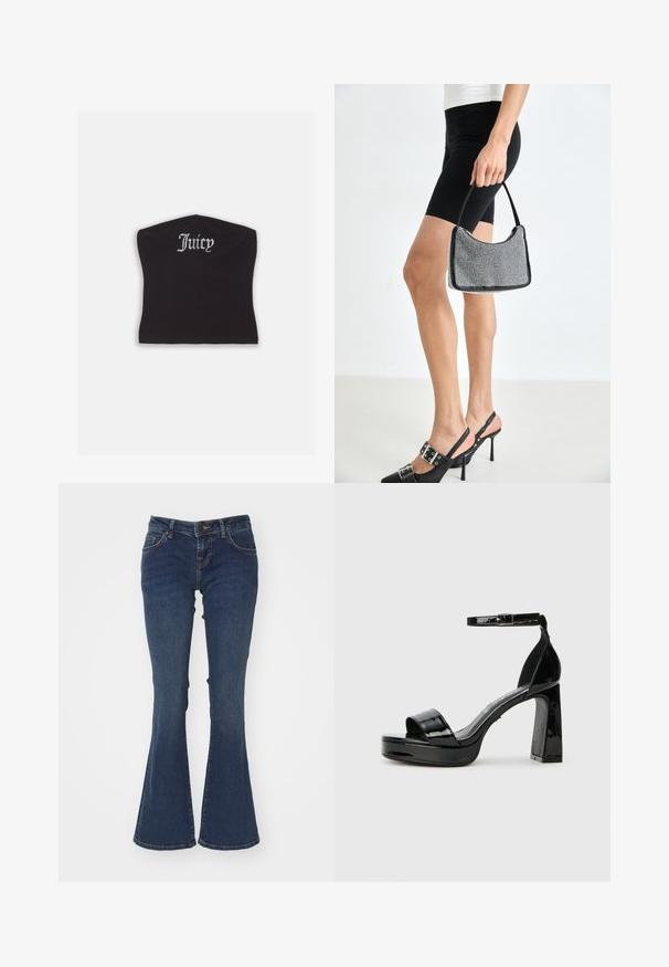 Top court noir ajusté avec une texture lisse et un décolleté arrondi, orné de lettres en strass épelant "Juicy" à l'avant.; Jeans en denim bleu évasés en coton avec une taille mi-haute, un design à cinq poches et des coutures contrastantes le long des seams.; Buffalo ALICE NEAT - Sandales à talons hauts - black; Sac à main à perles noires avec une silhouette courbée, une poignée de transport et une texture brillante. Porté avec des chaussures à talons hauts noires et un short noir ajusté.