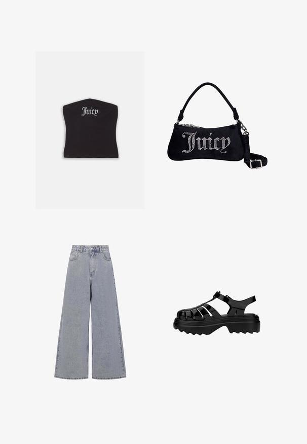 Sort tætsiddende crop top med en glat tekstur og en buet halsudskæring, udsmykket med rhinestones, der staver "Juicy" på forsiden.; Lysblå bredbenede jeans lavet af denim, med høj talje, fire lommer og en klassisk knaplukning med subtil slid.; Sorte gummisandaler med lukket tå-design, der har vandrette udskæringer og en tyk, struktureret sål for godt greb. Justerbar rem inkluderet.; Sort fløjl skuldertaske med "Juicy" stavet i rhinsten, med en kort håndtag og en aftagelig justerbar rem med sølvspænde.