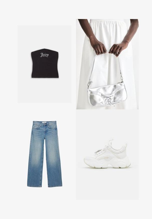 Top court noir ajusté avec une texture lisse et un décolleté arrondi, orné de lettres en strass épelant "Juicy" à l'avant.; Jean en denim bleu clair à jambes larges, design à cinq poches, fermeture par bouton et fermeture éclair, avec des détails subtils délavés.; Baskets blanches chunky en cuir et mesh, dotées d'une semelle épaisse, d'un bout arrondi et de lacets décoratifs. Accents légèrement texturés.; Sac à main en métal argenté avec un détail à lacets, arborant un design épuré et une courte sangle. Le sac est tenu dans les mains, mettant en valeur sa texture.