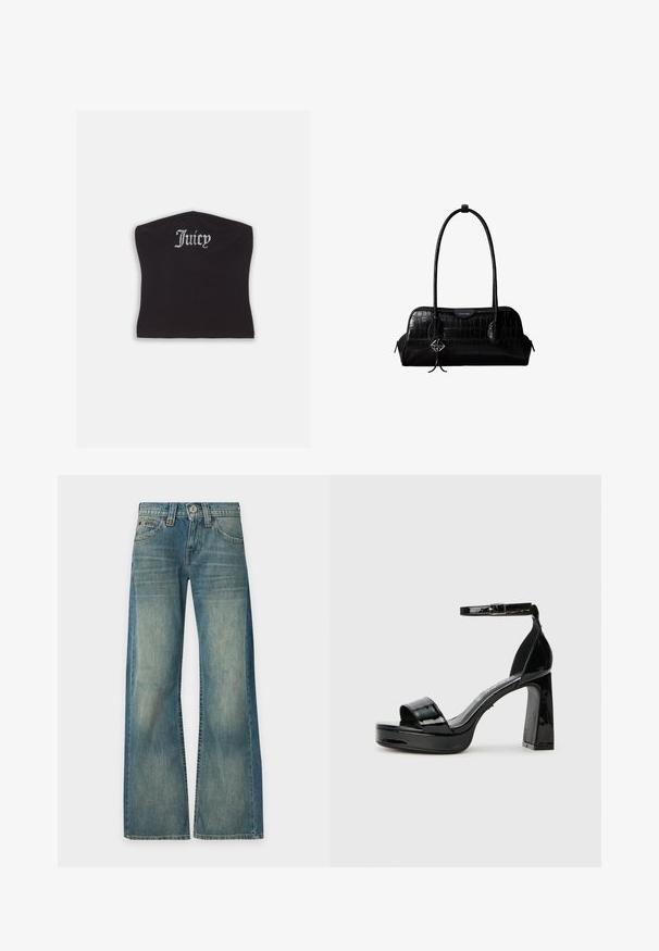 Μαύρο εφαρμοστό crop top με λεία υφή και καμπύλη λαιμόκοψη, διακοσμημένο με γράμματα από ρουμπίνια που γράφουν "Juicy" μπροστά.; Τζιν παντελόνι σε μπλε denim με ξεθωριασμένο ύφασμα, ψηλή μέση, φαρδιά μπατζάκια, κουμπί και φερμουάρ μπροστά, με πέντε τσέπες, παρουσιασμένο σε απλό φόντο.; Buffalo ALICE NEAT - Ψηλοτάκουνα πέδιλα - black; Μαύρη δερμάτινη τσάντα ώμου με υφή κροκοδείλου, μακριά λουριά και μικρό ασημένιο λογότυπο σε ένα από τα λουριά.