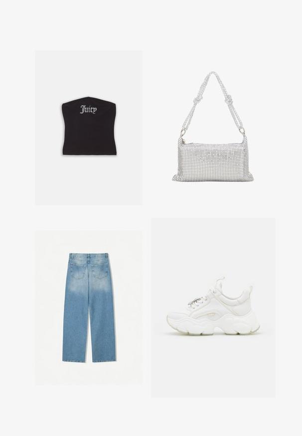 Schwarzes, eng anliegendes Crop-Top mit glatter Textur und abgerundetem Ausschnitt, verziert mit Strassbuchstaben, die "Juicy" auf der Vorderseite spell.; Helleblaue Denim-Jeans mit geradem Bein, ausgestattet mit zwei Gesäßtaschen und einer ausgebleichten Textur im oberen Bereich.; Weisse, klobige Sneaker aus Leder und Netzmaterialien, mit einer dicken Sohle, abgerundeter Zehenpartie und dekorativen Schnürsenkeln. Leicht strukturierte Akzente.; Silbernes Netzhandtasche mit rechteckiger Form, verziert mit kleinen runden Pailletten, ausgestattet mit einem geflochtenen Tragegurt mit Knoten und einem Reißverschluss.