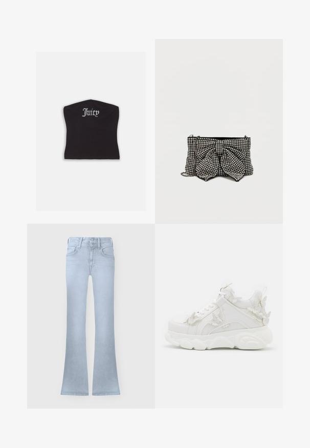 Μαύρο εφαρμοστό crop top με λεία υφή και καμπύλη λαιμόκοψη, διακοσμημένο με γράμματα από ρουμπίνια που γράφουν "Juicy" μπροστά.; Ανοιχτό μπλε τζιν με ψηλή μέση, κούμπωμα με κουμπί και φερμουάρ, μπροστινές τσέπες και ελαφρώς φαρδιά πόδια.; Λευκό chunky αθλητικό με χοντρή σόλα και διακοσμητικές 3D πεταλούδες στο πλάι, τα κορδόνια και τη φτέρνα.; Μαύρη τσάντα χιαστί με μεγάλη φουρκέτα, στολισμένη με ασημένιες μεταλλικές λεπτομέρειες, αλυσίδα και υφή που πιάνει το φως.