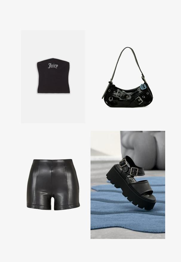 Top corto negro ajustado con una textura suave y un escote curvado, decorado con letras de strass que dicen "Juicy" en la parte frontal.; Pantalones cortos de imitación de cuero negros con una cintura alta, textura suave y costuras visibles a lo largo del frente y el dobladillo.; Sandalia negra de plataforma gruesa con dos hebillas plateadas sobre una alfombra azul texturizada, escultura gris desenfocada al fondo.; Bolso de mano de charol negro con forma curva, que presenta herrajes plateados, hebillas decorativas y una correa corta. Etiqueta azul adjunta.