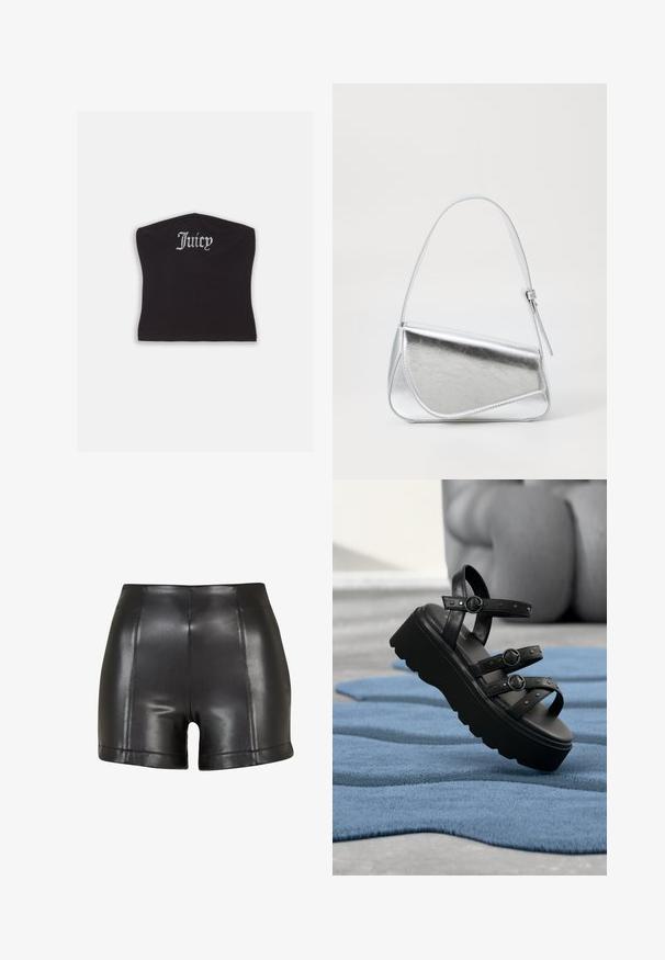Top corto negro ajustado con una textura suave y un escote curvado, decorado con letras de strass que dicen "Juicy" en la parte frontal.; Pantalones cortos de imitación de cuero negros con una cintura alta, textura suave y costuras visibles a lo largo del frente y el dobladillo.; Sandalia de plataforma negra con tres correas ajustables con hebillas, colocada sobre una alfombra azul texturizada con fondo desenfocado.; Bolso de mano metálico plateado con forma triangular, textura suave y una fina correa de hombro ajustable. Presenta un diseño plegable con costuras.