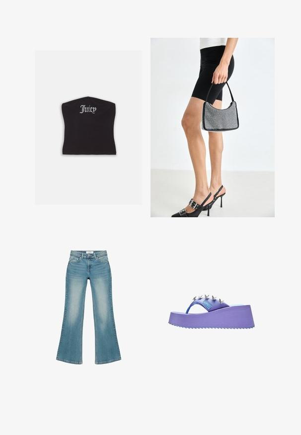 Top court noir ajusté avec une texture lisse et un décolleté arrondi, orné de lettres en strass épelant "Juicy" à l'avant.; Jean en denim bleu avec taille haute, poches avant, passants de ceinture et jambes évasées, posé à plat sur un fond blanc.; Sandale plateforme violette avec décorations papillon argentées sur la bride et semelle texturée.; Sac à main à perles noires avec une silhouette courbée, une poignée de transport et une texture brillante. Porté avec des chaussures à talons hauts noires et un short noir ajusté.
