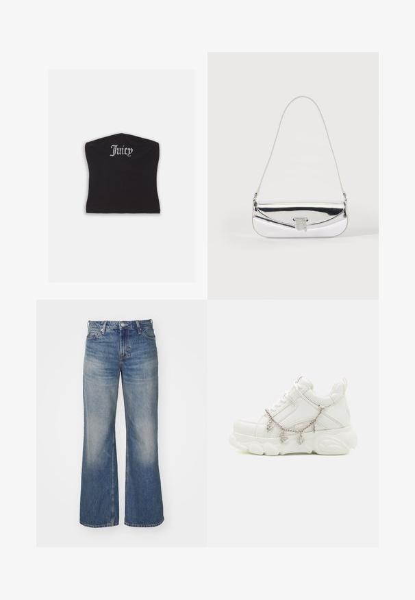 Čierny priliehavý crop top s hladkou textúrou a zakriveným výstrihom, ozdobený kamienkovým nápisom "Juicy" na prednej strane.; Svetlomodré džínsy s širokým strihom, s vyblednutou farbou, piatimi vreckami a gombíkovým zapínaním. Dôkladné šitie pozdĺž švov.; Biele tenisky s robustnou podrážkou, textúrovaným koženým zvrškom a ozdobným kovovým retiazkou s príveskami. Obsahujú šnurovanie a polstrovaný golier.; Malá strieborná kabelka na rameno s tenkým remienkom a predným preklopom zabezpečeným kovovou sponou.