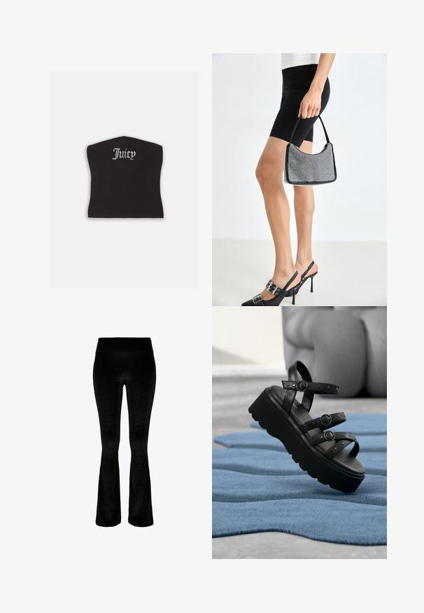 Top corto negro ajustado con una textura suave y un escote curvado, decorado con letras de strass que dicen "Juicy" en la parte frontal.; Pantalones acampanados negros en tejido suave de terciopelo. Cintura alta y textura lisa. El diseño presenta un corte acampanado desde la rodilla hacia abajo.; Sandalia de plataforma negra con tres correas ajustables con hebillas, colocada sobre una alfombra azul texturizada con fondo desenfocado.; Bolso de cuentas negras con una silueta curva, asa de transporte y textura brillante. Llevado con zapatos de tacón altos negros y pantalones cortos negros ajustados.