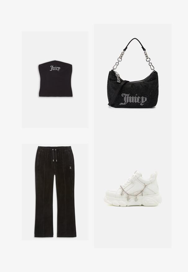 Schwarzes, eng anliegendes Crop-Top mit glatter Textur und abgerundetem Ausschnitt, verziert mit Strassbuchstaben, die "Juicy" auf der Vorderseite spell.; Schwarze Samt-Sweatpants mit weicher Textur, ausgestattet mit einem elastischen Taillenbund mit Zugband und zwei Seitentaschen. Dezentes Logo-Detail vorhanden.; Weiße Sneakers mit dicker Sohle, strukturiertem Obermaterial aus Leder und dekorativer Metallkette mit Anhängern. Sie verfügen über eine Schnürung und einen gepolsterten Kragen.; Schwarze Tasche mit Strassverzierungen, gebogener Form und silberner Kettenhandgriff. Verfügt über einen Reißverschluss und das "Juicy"-Logo in Weiß.