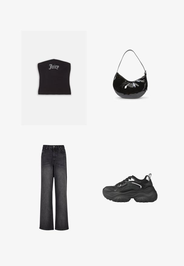 Top corto negro ajustado con una textura suave y un escote curvado, decorado con letras de strass que dicen "Juicy" en la parte frontal.; Pantalones vaqueros negros de pierna ancha con una textura suave, que cuentan con una cintura alta, bolsillos frontales y un cierre de botón.; Zapatillas deportivas negras con suela gruesa, parte superior de malla y sintética, cierre de cordones y detalles plateados en los lados.; Bolso de mano de charol negro con forma curva, correa para el hombro única, cierre de cremallera y un logotipo metálico decorativo. Textura suave.