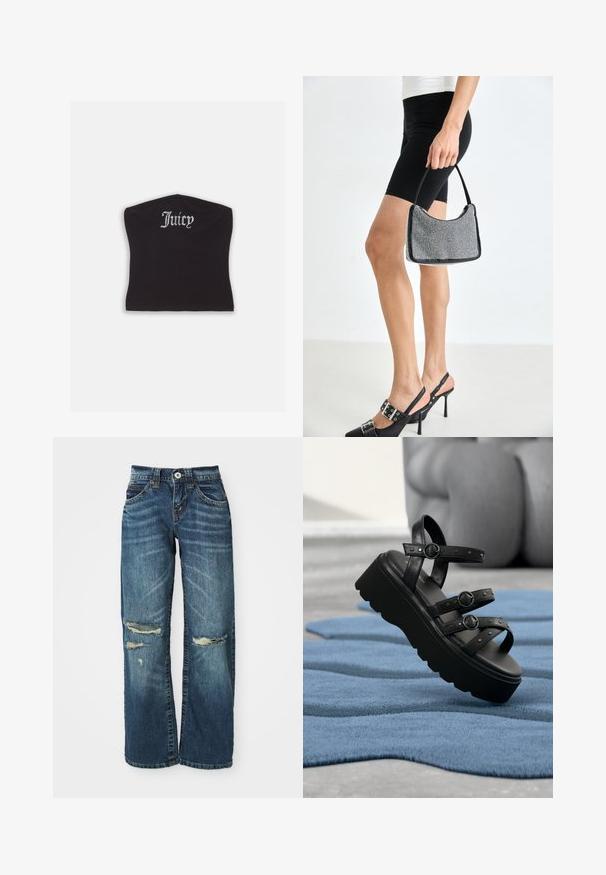 Top corto negro ajustado con una textura suave y un escote curvado, decorado con letras de strass que dicen "Juicy" en la parte frontal.; Vaqueros de mezclilla azul con corte de pierna ancha, que presentan áreas desgastadas, desgastes deshilachados sobre las rodillas y cierre estándar de botón y cremallera.; Sandalia de plataforma negra con tres correas ajustables con hebillas, colocada sobre una alfombra azul texturizada con fondo desenfocado.; Bolso de cuentas negras con una silueta curva, asa de transporte y textura brillante. Llevado con zapatos de tacón altos negros y pantalones cortos negros ajustados.