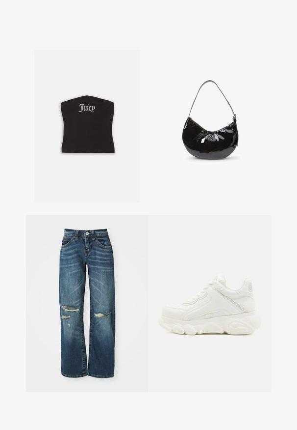 Čierny priliehavý crop top s hladkou textúrou a zakriveným výstrihom, ozdobený kamienkovým nápisom "Juicy" na prednej strane.; Modré džínsy so širokým strihom, s poškodenými miestami, roztrhnutými časťami nad kolenami a klasickým zapínaním na gombík a zips.; Biele masívne tenisky s hrubou podrážkou, šnurovaním a značkou "Buffalo" na boku a päte.; Čierna lakovaná kožená kabelka s oblým tvarom, s jedným ramenným popruhom, zipsovým uzáverom a ozdobným metalickým logom. Hladká textúra.