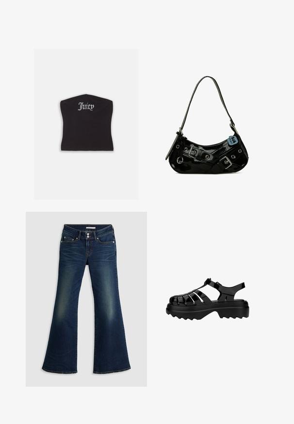 Schwarzes, eng anliegendes Crop-Top mit glatter Textur und abgerundetem Ausschnitt, verziert mit Strassbuchstaben, die "Juicy" auf der Vorderseite spell.; Dunkelblaue Jeans im Super-Low-Flare-Schnitt mit Front- und Gesäßtaschen, doppeltem Knopfverschluss und verwaschenen Details an Oberschenkeln und Knien.; Schwarze Gummisandalen mit geschlossenem Zehenbereich, ausgestattet mit horizontalen Ausschnitten und einer dicken, strukturierten Sohle für Grip. Verstellbarer Riemen enthalten.; Schwarze Lackleder-Handtasche mit geschwungener Form, ausgestattet mit silbernem Beschlag, dekorativen Schnallen und einem kurzen Griff. Blaue Anhängeschild befestigt.