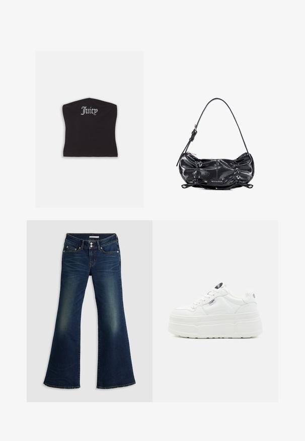 Schwarzes, eng anliegendes Crop-Top mit glatter Textur und abgerundetem Ausschnitt, verziert mit Strassbuchstaben, die "Juicy" auf der Vorderseite spell.; Dunkelblaue Jeans im Super-Low-Flare-Schnitt mit Front- und Gesäßtaschen, doppeltem Knopfverschluss und verwaschenen Details an Oberschenkeln und Knien.; Weiße Plattform-Sneaker mit einer glatten synthetischen Oberfläche, rundem Zehenbereich, gepolstertem Kragen und strukturiertem Profil. Mit einem kontrastierenden Logo-Tag.; Schwarze glänzende Lederschultertasche mit gerafften Seiten, verstellbarem Träger, Reißverschluss und Wittchen Markenlabel vorne in der Mitte.