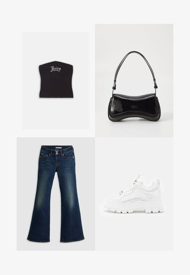 Zwarte fitted crop top met een gladde textuur en een ronde halslijn, versierd met strasstenen letters die "Juicy" op de voorkant spellen.; Donkerblauwe spijkerbroek met superlage flare, voorzien van voor- en achterzakken, dubbele knoopsluiting en vervaagde details op de bovenbenen en knieën.; Witte chunky sneakers met een textuur bovenkant, gevoerde kraag en dikke, gegroefde zool. Voorzien van contrasterende zwarte veters en merkaanduiding.; Zwarte laarzen van patentleer met een gebogen vorm, een enkele handgreep en een ronde bodem. Beschikt over een subtiele logodetail aan de voorkant.