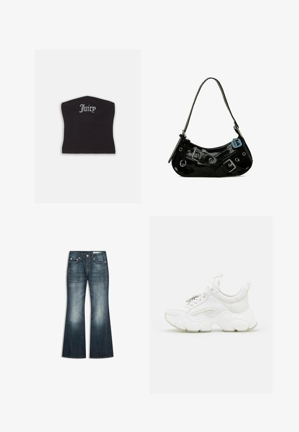 Schwarzes, eng anliegendes Crop-Top mit glatter Textur und abgerundetem Ausschnitt, verziert mit Strassbuchstaben, die "Juicy" auf der Vorderseite spell.; Dunkelblaue Bootcut-Jeans mit verwaschenen Bereichen an Oberschenkeln und Knien, Fünf-Taschen-Design und Metall-Knopfleiste.; Weisse, klobige Sneaker aus Leder und Netzmaterialien, mit einer dicken Sohle, abgerundeter Zehenpartie und dekorativen Schnürsenkeln. Leicht strukturierte Akzente.; Schwarze Lackleder-Handtasche mit geschwungener Form, ausgestattet mit silbernem Beschlag, dekorativen Schnallen und einem kurzen Griff. Blaue Anhängeschild befestigt.