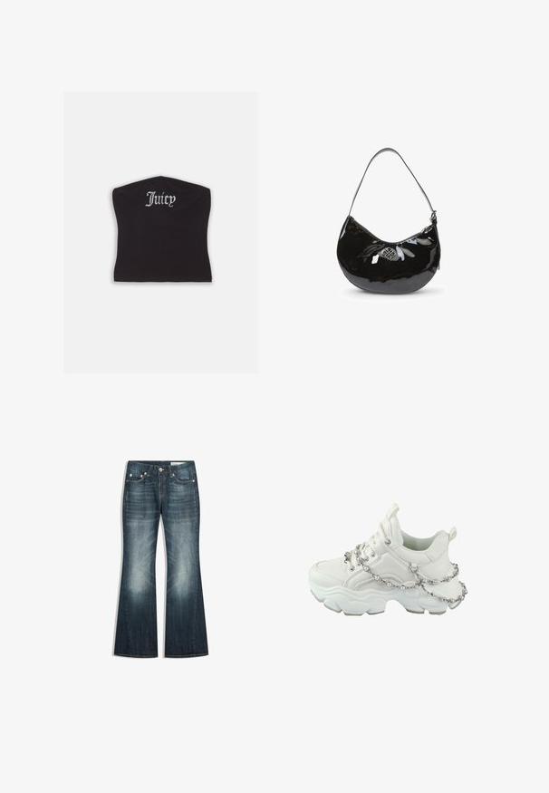 Čierny priliehavý crop top s hladkou textúrou a zakriveným výstrihom, ozdobený kamienkovým nápisom "Juicy" na prednej strane.; Tmavomodré džínsy bootcut s vyblednutými časťami na stehnách a kolenách, dizajn s piatimi vreckami a kovovým zapínaním na gombík.; Hrubé biele tenisky s hladkým koženým zvrškom, šnurovacími detailmi, gumovou podrážkou a ozdobným reťazcom s perlami okolo členka.; Čierna lakovaná kožená kabelka s oblým tvarom, s jedným ramenným popruhom, zipsovým uzáverom a ozdobným metalickým logom. Hladká textúra.