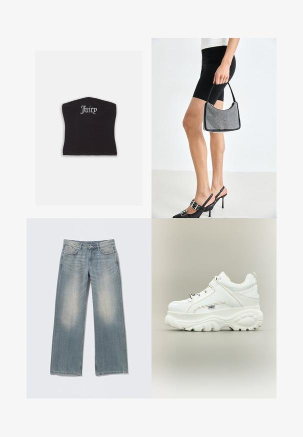 Top court noir ajusté avec une texture lisse et un décolleté arrondi, orné de lettres en strass épelant "Juicy" à l'avant.; Jean bleu clair à jambes larges avec une finition délavée, en denim. Comprend des passants pour ceinture, des poches avant et une braguette zippée avec fermeture par bouton.; Baskets à plateforme blanches avec semelle épaisse et imposante, lacets sur le devant et logo de la marque Buffalo sur le côté, vues de l’extérieur.; Sac à main à perles noires avec une silhouette courbée, une poignée de transport et une texture brillante. Porté avec des chaussures à talons hauts noires et un short noir ajusté.