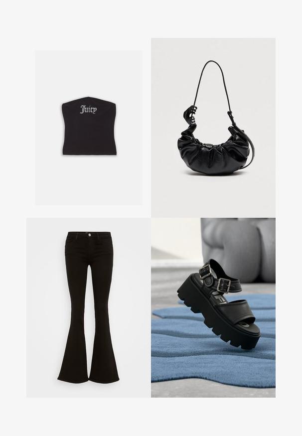 Zwarte fitted crop top met een gladde textuur en een ronde halslijn, versierd met strasstenen letters die "Juicy" op de voorkant spellen.; Zwarte high-waist flare jeans met een knoop aan de voorkant, riemlussen en vijf zakken, weergegeven op een witte achtergrond.; Zwarte chunky platform sandaal met twee zilveren gespen op een blauw gestructureerd tapijt, op de achtergrond een wazige grijze sculptuur.; Zwarte gerimpelde leren handtas met verstelbare schouderriem en grote zwarte haarclip bevestigd aan de riem op een effen achtergrond.