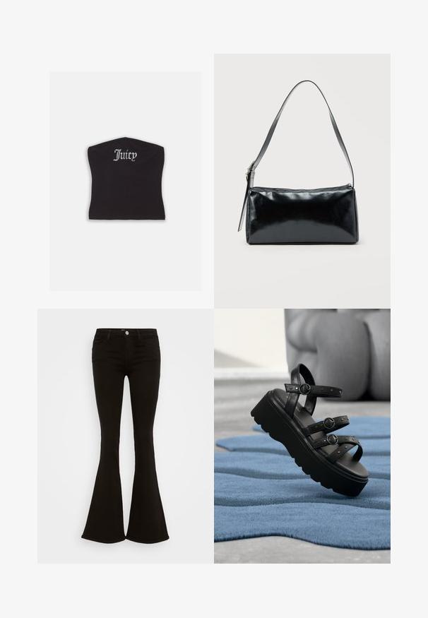 Μαύρο εφαρμοστό crop top με λεία υφή και καμπύλη λαιμόκοψη, διακοσμημένο με γράμματα από ρουμπίνια που γράφουν "Juicy" μπροστά.; Μαύρα ψηλοκάβαλα φαρδιά τζιν παντελόνια με μπροστινό κουμπί, βρόχους ζώνης και πέντε τσέπες, τοποθετημένα σε λευκό φόντο.; Μαύρη πλατφόρμα σανδάλι με τρεις ρυθμιζόμενους ιμάντες με πόρπες, τοποθετημένη πάνω σε υφασμάτινο μπλε χαλί με θολό φόντο.; Μαύρη ορθογώνια τσάντα ώμου με έναν ρυθμιζόμενο ιμάντα και κλείσιμο με φερμουάρ στην κορυφή σε μονόχρωμο φόντο.