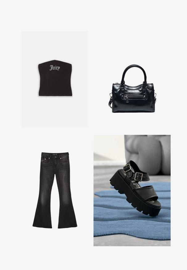 Sort tætsiddende crop top med en glat tekstur og en buet halsudskæring, udsmykket med rhinestones, der staver "Juicy" på forsiden.; Sorte denim flare jeans med mid-waist, der har fem lommer, kontrasterende syninger og hardware i sølvfarve.; Sort chunky platformsandal med to sølvspænder på blåt tekstureret tæppe, sløret grå skulptur i baggrunden.; Sort skinnende læderhåndtaske med to håndtag, lynlåslomme foran og aftagelig skulderrem på hvid baggrund.