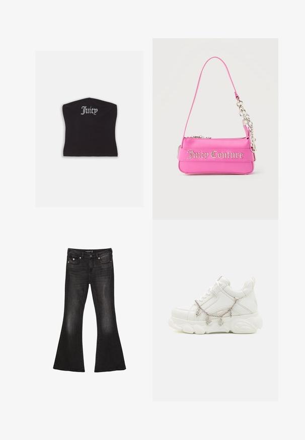 Top court noir ajusté avec une texture lisse et un décolleté arrondi, orné de lettres en strass épelant "Juicy" à l'avant.; Jean évasé noir en denim avec une taille mi-haute, comportant cinq poches, des coutures contrastantes et des accents en matériel argenté.; Baskets blanches avec une semelle épaisse, tige en cuir texturé et chaîne en métal décorative avec des breloques. Dispose d'un système de laçage et d'un col rembourré.; Petit sac à main Juicy Couture rose vif avec détail en chaîne argentée et lettrage du logo sur le devant, une seule bandoulière étroite.