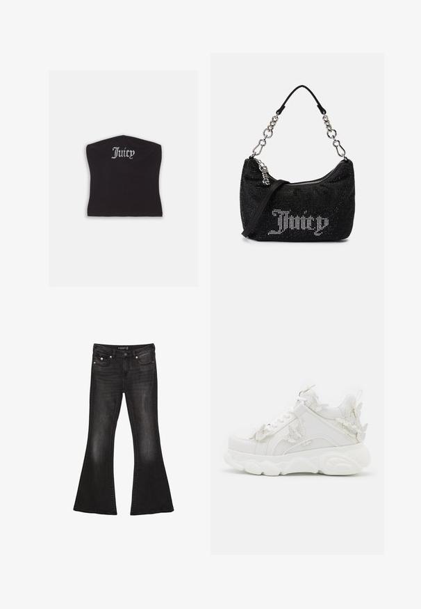 Top court noir ajusté avec une texture lisse et un décolleté arrondi, orné de lettres en strass épelant "Juicy" à l'avant.; Jean évasé noir en denim avec une taille mi-haute, comportant cinq poches, des coutures contrastantes et des accents en matériel argenté.; Baskets blanches épaisses avec une semelle épaisse et des accents décoratifs de papillons en 3D sur le côté, les lacets et le talon.; Sac noir avec des embellissements en strass, une forme courbée et une anse en chaîne argentée. Dispose d'une fermeture éclair et du logo "Juicy" en blanc.