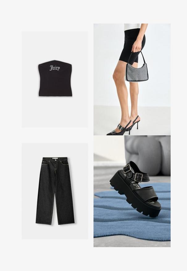 Sort tætsiddende crop top med en glat tekstur og en buet halsudskæring, udsmykket med rhinestones, der staver "Juicy" på forsiden.; Sorte denim bukser med bred ben, der har fem lommer, metalknap og lynlås lukning samt kontrasterende gul syning langs sømmene.; Sort chunky platformsandal med to sølvspænder på blåt tekstureret tæppe, sløret grå skulptur i baggrunden.; Sort perlehandtaske med en buet silhuet, bærehåndtag og blank overflade. Båret med højhælede sorte sko og tætsiddende sorte shorts.