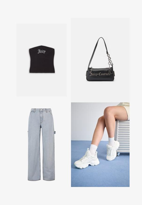 Schwarzes, eng anliegendes Crop-Top mit glatter Textur und abgerundetem Ausschnitt, verziert mit Strassbuchstaben, die "Juicy" auf der Vorderseite spell.; Hellblaue Denim-Jeans mit weitem Bein, Knopf- und Reißverschluss, Gürtelschlaufen und einem seitlichen Detail an einem Bein. Ohne sichtbare Abnutzungen.; Weiße Schnürsneaker mit einer dicken Sohle, aus glattem Synthetikmaterial, mit strukturierten Akzenten und einer Schlaufe an der Ferse.; Schwarze Handtasche aus strukturiertem synthetischem Material. Verfügt über einen Kettenriemen und das silberne "Juicy Couture"-Logo, das prominently auf der Vorderseite angebracht ist.