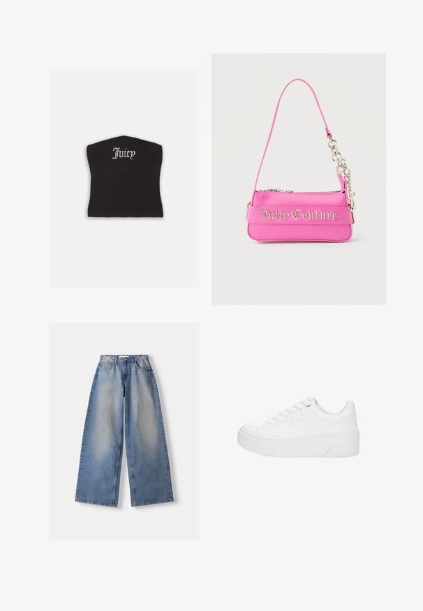 Sort tætsiddende crop top med en glat tekstur og en buet halsudskæring, udsmykket med rhinestones, der staver "Juicy" på forsiden.; Lyseblå vidde jeans med falmet front, fem-lomme stil, knap- og lynlåslukning, lagt fladt på en hvid baggrund.; Hvid platform-sneaker med snørelukning foran, perforerede detaljer på siden og tyk sål, vist fra ydersiden på en hvid baggrund.; Lille lys pink Juicy Couture håndtaske med sølvkædedetalje og logotekst på forsiden, enkelt smalt skulderrem.