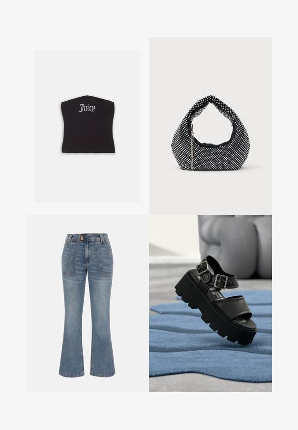 Zwarte fitted crop top met een gladde textuur en een ronde halslijn, versierd met strasstenen letters die "Juicy" op de voorkant spellen.; Blauwe denim jeans met hoge taille, voorzakken met patch, knoop- en ritssluiting en een licht uitlopende broekspijpsilhouet.; Zwarte chunky platform sandaal met twee zilveren gespen op een blauw gestructureerd tapijt, op de achtergrond een wazige grijze sculptuur.; Zwarte mesh handtas versierd met zilveren studs, met een gebogen handvat en een kettingschouderriem. Zachte textuur met een ronde vorm.