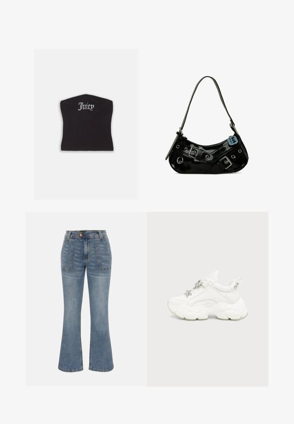 Zwarte fitted crop top met een gladde textuur en een ronde halslijn, versierd met strasstenen letters die "Juicy" op de voorkant spellen.; Blauwe denim jeans met hoge taille, voorzakken met patch, knoop- en ritssluiting en een licht uitlopende broekspijpsilhouet.; Witte chunky sneaker met dikke, getextureerde zool, zilveren ster en vlinderdecoraties op witte veters, en zilveren studs op de hieltab.; Zwarte gepatineerde leren handtas met een gebogen vorm, voorzien van zilveren hardware, decoratieve sluitingen en een korte schouderband. Blauwe label bevestigd.