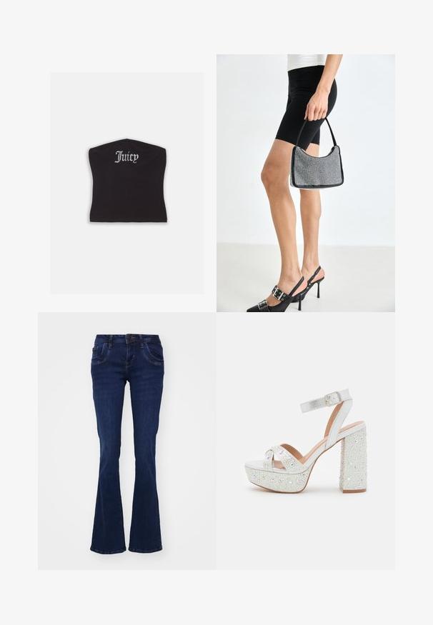 Top court noir ajusté avec une texture lisse et un décolleté arrondi, orné de lettres en strass épelant "Juicy" à l'avant.; Jean flare bleu foncé en denim. Comprend cinq poches, une fermeture éclair à l'avant et des détails de couture le long des coutures.; Sandales à plateforme blanches avec une finition métallique, présentant deux brides croisées, une bride de cheville et un talon carré orné de gemmes scintillantes.; Sac à main à perles noires avec une silhouette courbée, une poignée de transport et une texture brillante. Porté avec des chaussures à talons hauts noires et un short noir ajusté.