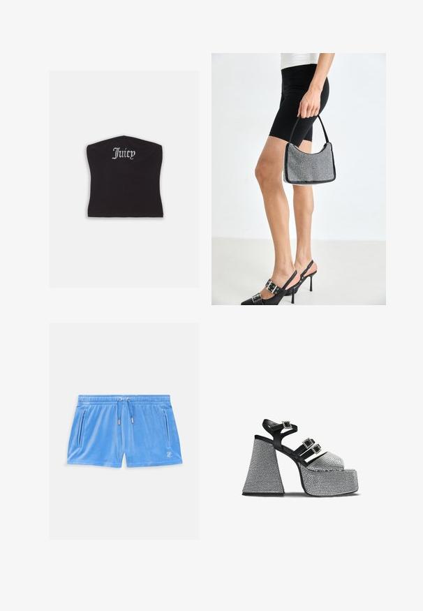 Čierny priliehavý crop top s hladkou textúrou a zakriveným výstrihom, ozdobený kamienkovým nápisom "Juicy" na prednej strane.; Svetlomodré velúrové šortky s elastickým pásom, šnúrkou a dvoma bočnými zipsovými vreckami. Na stehne sa nachádza malé vyšívané logo.; Čierne a strieborné platformové sandále s tromi remienkami so zirkónovými prackami a širokým, štruktúrovaným blokovým podpätkom.; Čierna korálková kabelka s zakriveným siluetom, nosnou rukoväťou a lesklou textúrou. Nosená s vysokými čiernymi topánkami na opätku a priliehavými čiernymi šortkami.