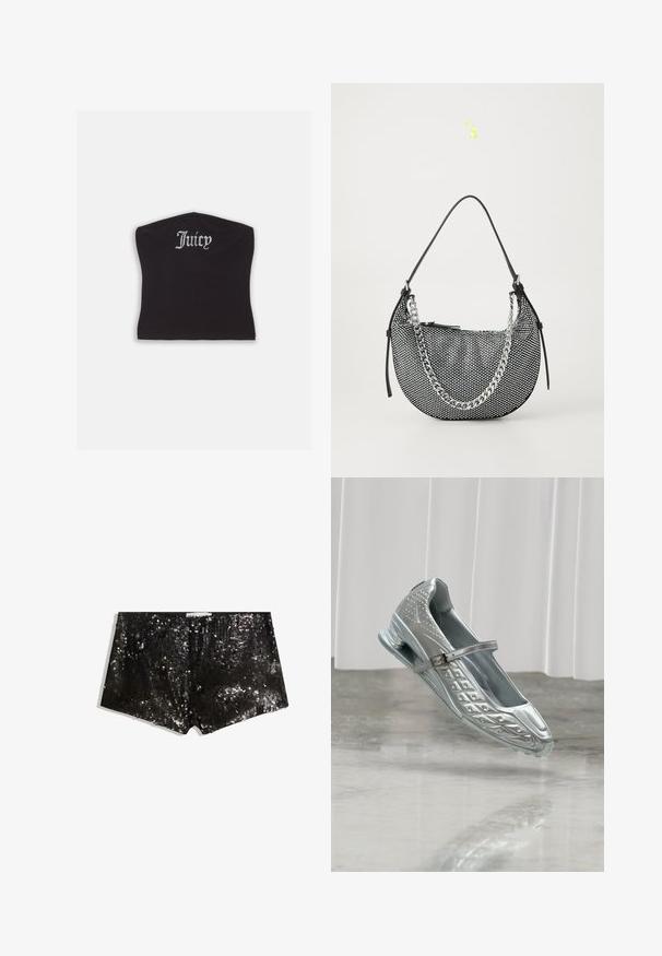 Top court noir ajusté avec une texture lisse et un décolleté arrondi, orné de lettres en strass épelant "Juicy" à l'avant.; Shorts en sequins noirs avec une coupe ajustée. Comprend des sequins scintillants, une texture lisse et une taille pour un maintien sécurisé.; Chaussure Mary Jane argentée unique avec un design texturé et une bride à boucle, flottant au-dessus d'un sol réfléchissant avec des rideaux blancs en arrière-plan.; Sac à main en mesh noir de forme croissant, avec une bandoulière en chaîne argentée et des accents en cuir noir. Surface texturée avec une fermeture éclair.