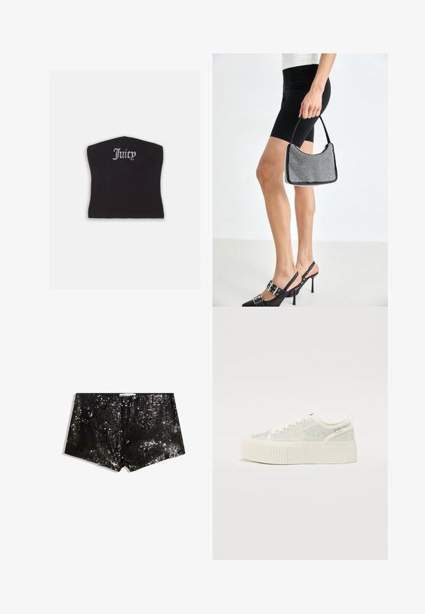 Sort tætsiddende crop top med en glat tekstur og en buet halsudskæring, udsmykket med rhinestones, der staver "Juicy" på forsiden.; Sorte pailletshorts med en tætsiddende design. Har glitrende pailletter, glat tekstur og en taljeelastik for en sikker pasform.; Hvide platformsko med en tekstureret overdel, der har iriserende accenter og en tyk ribbet sål. Snørebånd og en trækstrop bagpå.; Sort perlehandtaske med en buet silhuet, bærehåndtag og blank overflade. Båret med højhælede sorte sko og tætsiddende sorte shorts.
