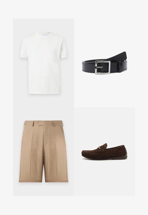 Hvid T-shirt med korte ærmer og rund hals vist på en lysegrå baggrund.; Beige knælange skræddersyede shorts med bæltestropper, sidelommer og frontlukning med krog og spænde mod en hvid baggrund.; Brune ruskinds loafers med en syet design, subtil tekstur, rund tå og sølvhardware detaljer. Lav gummisål for komfort.; Sort tekstureret læderbælte med spænde i sølvmetal i kvadratisk form, rullet sammen med en ekstra læderløkke på en hvid baggrund.