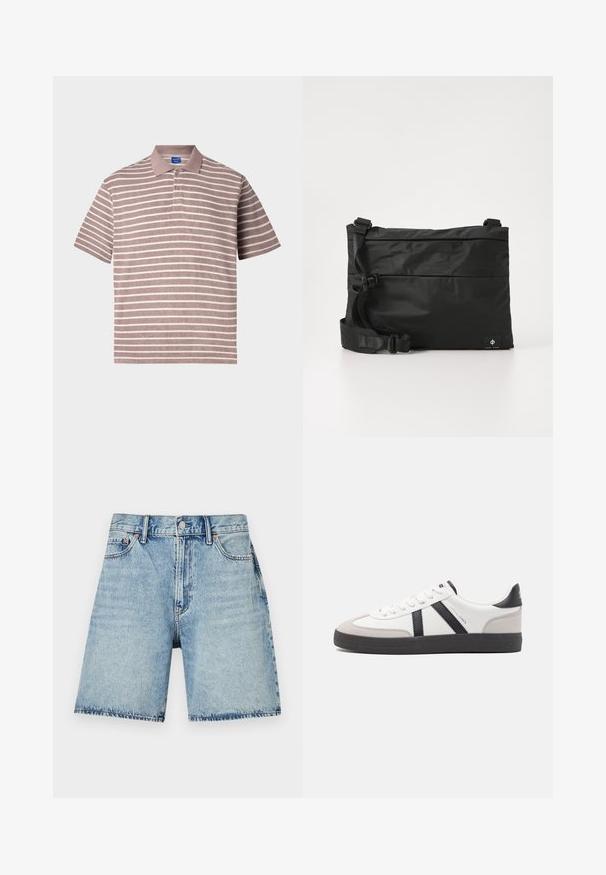 Gestreiftes Poloshirt in sanftem Rosa und Weiß, mit kurzen Ärmeln, Kragen und einer Knopfleiste mit drei Knöpfen, aus strukturiertem Stoff.; Helle blaue Jeansshorts mit geradem Schnitt, fünf Taschen und sichtbaren Nähten. Mit Knopfverschluss vorne.; Weiße Sneaker mit schwarz- und grau-aczenten, ausgestattet mit einer strukturierten grauen Zehenkappe, schwarzer Gummi-Sohle und flachen weißen Schnürsenkeln. Sauberes Design, minimalistische Stil.; Schwarze Nylon-Umhängetasche mit verstellbarem Riemen, flachem Design und seitlichem Etikett mit Logo. Glatte Textur und minimalistischer Stil.