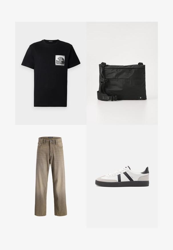 Schwarzes Baumwoll-T-Shirt mit einem karomustergrafik in einem Quadrat auf der linken Brustseite. Das Design umfasst Wellen und eine Silhouette eines Kaninchens.; Hellbraune Jeans aus Denim mit geradem Beinschnitt, ausgestattet mit fünf Taschen und einem Knopfverschluss. Verwaschene Textur mit subtilen Farbverlaufseffekten.; Weiße Sneaker mit schwarz- und grau-aczenten, ausgestattet mit einer strukturierten grauen Zehenkappe, schwarzer Gummi-Sohle und flachen weißen Schnürsenkeln. Sauberes Design, minimalistische Stil.; Schwarze Nylon-Umhängetasche mit verstellbarem Riemen, flachem Design und seitlichem Etikett mit Logo. Glatte Textur und minimalistischer Stil.