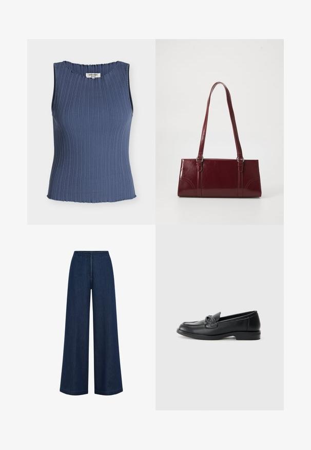 Top sin mangas de punto acanalado en azul polvoriento con cuello redondo y bordes delicados en forma de ondas en el cuello y el dobladillo.; Jeans de pierna ancha de color azul oscuro con corte recto, hechos de denim. Presentan una cintura alta y un sutil detalle de costura. Sin hardware visible.; Mocasines de cuero negro con puntera redondeada, un diseño cosido y un acento de lazo en la parte delantera. Tacón bajo de bloque y textura suave.; Bolso burdeos hecho de material brillante, de forma rectangular, con dos asas para el hombro y sutiles acentos curvados en la parte frontal.