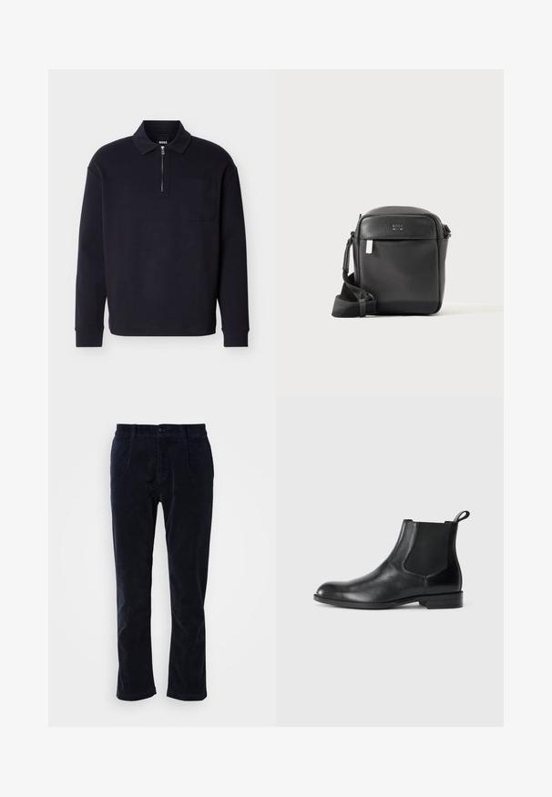 Zwart poloshirt met lange mouwen van zacht materiaal, met een ritssluiting bij de hals, een borstzak en een klassieke kraag.; Marineblauwe corduroy broeken met een platte voorkant, twee zijzakken en een enkele knoopsluiting. Zacht van textuur, licht toelopende pijpen.; Zwarte leren enkelboot met elastische zijpanelen, ronde neus en een trekhaak. Gladde textuur, platte zool, minimalistisch ontwerp.; Zwarte getextureerde leren crossbodytas met voorvak en verstelbare schouderriem, getoond op een effen lichte achtergrond.