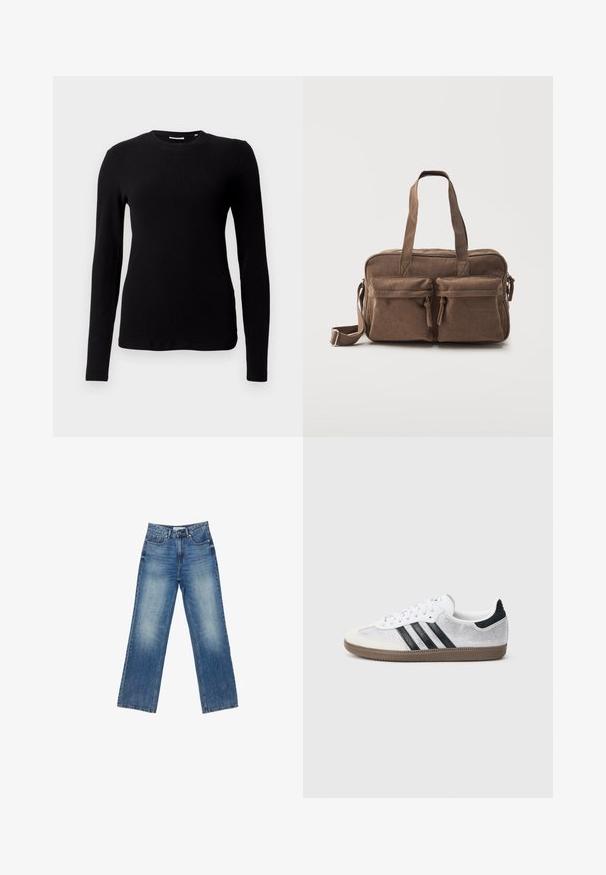 Haut noir à manches longues en maille côtelée avec un col rond et une coupe ajustée, présentant une texture douce et un design sans coutures.; Jean en denim bleu à jambes larges avec une finition délavée, cinq poches, couture visible, fermeture à boutons et à glissière, et coupe droite.; Baskets en mesh blanc avec des rayures noires, un embout en daim beige et un accent sur le talon, semelle en caoutchouc texturée, et lacets blancs. Design classique à tige basse.; Sac à épaule et à main en velours côtelé marron avec deux poches avant zippées, doubles poignées et une bandoulière latérale réglable sur fond blanc.