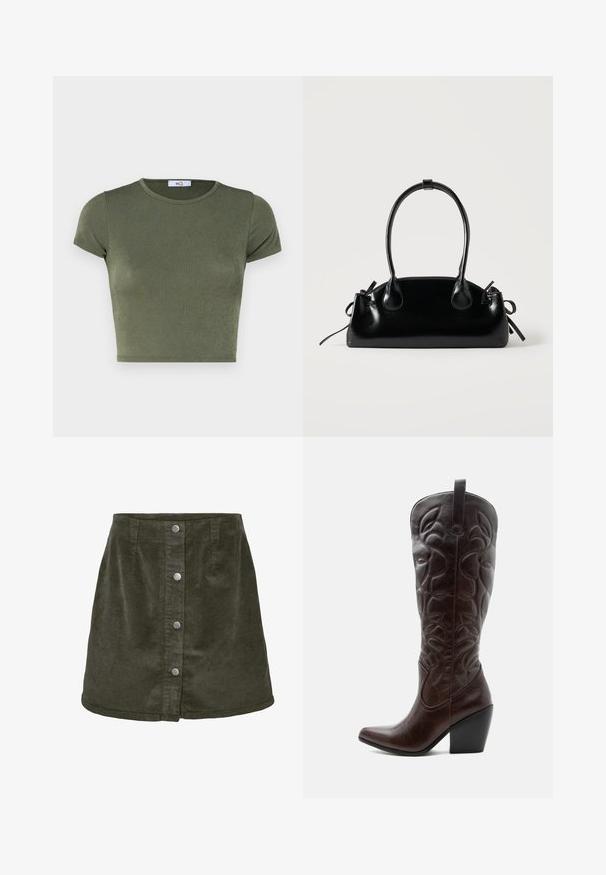 Oliven grøn kortærmet crop top med rund halsudskæring, lavet af tekstureret stof, med et tætsiddende design og minimale syninger.; Kort mørkegrøn corduroy nederdel med a-linjeform, der har fem sølvfarvede knaplukninger foran og lodret ribbet tekstur.; Høj mørkebrun læder cowboystøvle med syede dekorative mønstre, spids tå og stablet blokhæle.; Lille sort blank håndtaske med to lange håndtag og snøre-detaljer i siden på en ensfarvet lys baggrund.