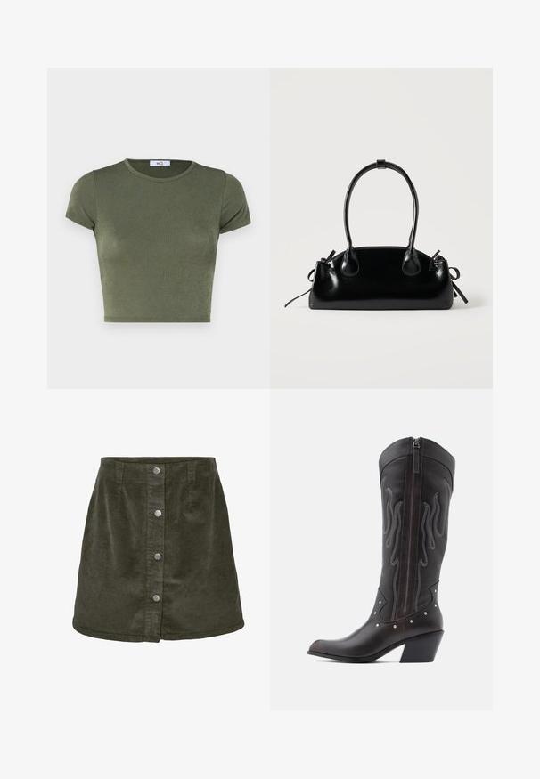 Top corto de manga corta en verde olivo con un cuello redondo, hecho de una tela texturizada, con un diseño ajustado y costuras mínimas.; Falda mini de pana en verde oscuro con forma de línea A, que cuenta con cinco cierres de botones plateados en la parte delantera y textura acanalada vertical.; Botas de cowboy de cuero marrón con costuras en forma de llama, cremallera lateral, tachuelas plateadas, punta puntiaguda y tacón apilado.; Pequeño bolso negro brillante con dos asas largas y detalles de cordón lateral sobre un fondo claro liso.