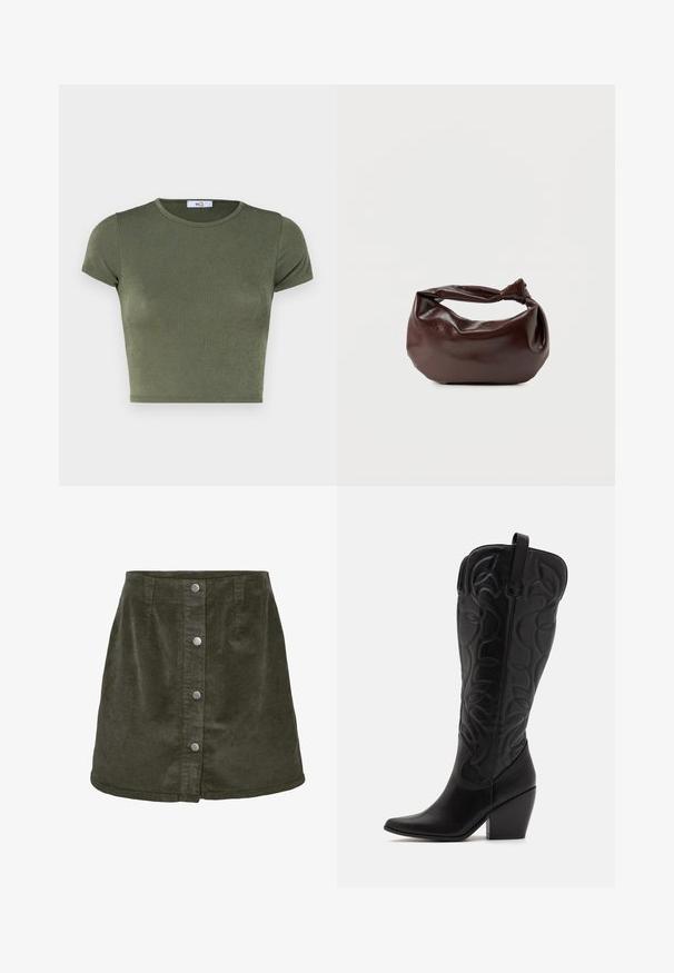Olivengrünes kurzärmeliges Crop-Top mit rundem Ausschnitt, aus strukturiertem Stoff gefertigt, mit taillierter Passform und minimalen Nähten.; Dunkelgrüner Cord-Rock in A-Linie, mit fünf silbernen Knopfverschlüssen auf der Vorderseite und vertikaler Ripptextur.; Schwarze kniehohe Stiefel aus Leder mit spitz zulaufender Zehenpartie und gestapeltem Absatz. Verfügt über dekorative Nähte und geschwungene Designelemente.; Dunkelbraune Lederschultertasche mit weicher, lockerer Form und einem gedrehten Knotengriff vor schlichtem weißem Hintergrund.