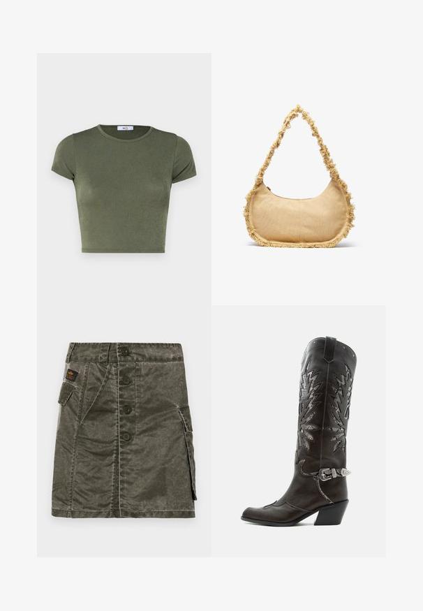 Olijfgroene korte mouwen crop top met een ronde hals, gemaakt van textuurstof, met een aansluitend ontwerp en minimalistische naden.; Olijfgroene rok met knopen aan de voorkant, gemaakt van gestructureerde stof, met een zijzak en stikdetails. Regular fit, knielange ontwerp.; Zwarte leren cowboylaars met decoratieve uitsnijdingen, zilveren gesp en schuine hak, weergegeven op een witte achtergrond.; Geverfde beige tas met een ronde vorm, rafelige rand langs de randen en een korte schouderband. Ritsopening aan de bovenkant.