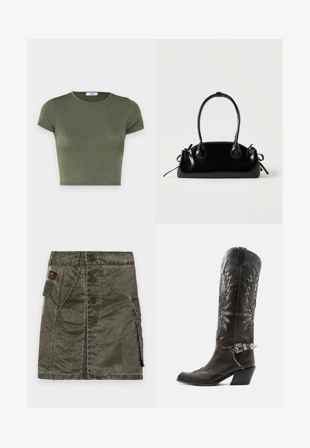 Olivengrünes kurzärmeliges Crop-Top mit rundem Ausschnitt, aus strukturiertem Stoff gefertigt, mit taillierter Passform und minimalen Nähten.; Olivgrüner Rock mit Knopfverschluss, gefertigt aus strukturierter Stoff, mit einer Seiten Tasche und gestickten Details. Reguläre Passform, knielanges Design.; Schwarzer Leder-Cowboystiefel mit dekorativen Ausschnitten, silberner Schnalle und schräger Ferse, auf weißem Hintergrund dargestellt.; Kleine schwarze glänzende Handtasche mit zwei langen Griffen und seitlichen Kordelzug-Details vor einfachem hellem Hintergrund.