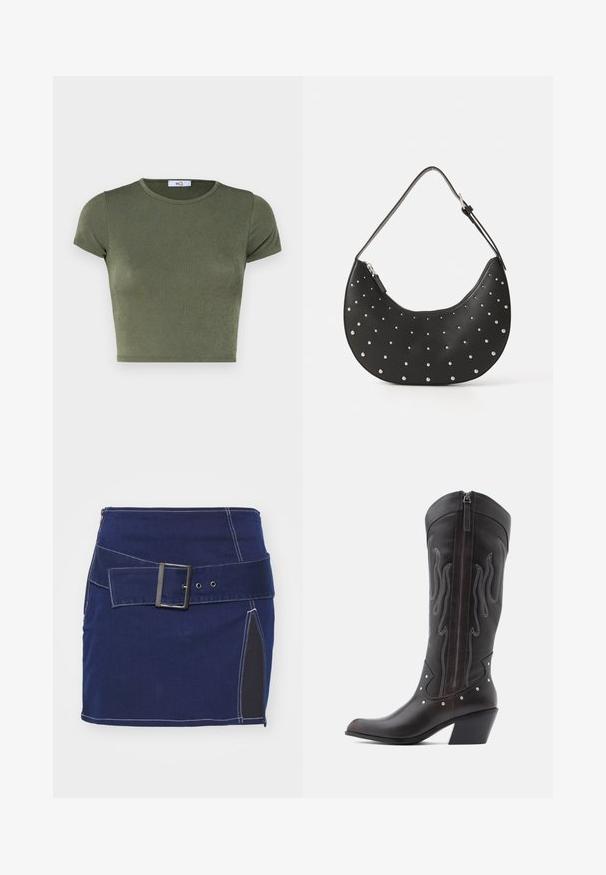 Olijfgroene korte mouwen crop top met een ronde hals, gemaakt van textuurstof, met een aansluitend ontwerp en minimalistische naden.; Marineblauwe denimrok met witte stiksels, voorzien van een brede riem met een vierkante gesp en een zijpaneel van zwarte stof.; Bruine leren cowboylaarzen met vlamstiksels, zijrits, zilveren studs, spits toelopende neus en gestapelde hak.; Zwarte leren handtas met een gebogen vorm, versierd met zilveren studs, voorzien van een ritssluiting en een enkele verstelbare schouderband.